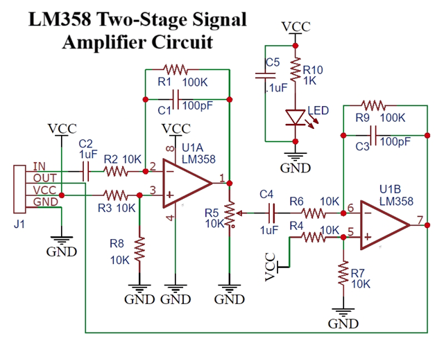 LM358 Two-Stage Signal Amplifier Circuit